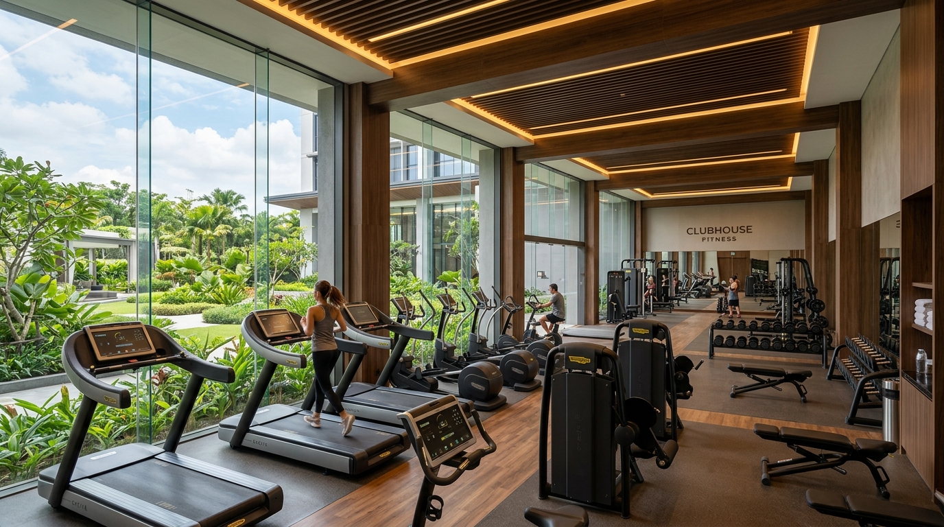 Gimnasio con vista al jardín