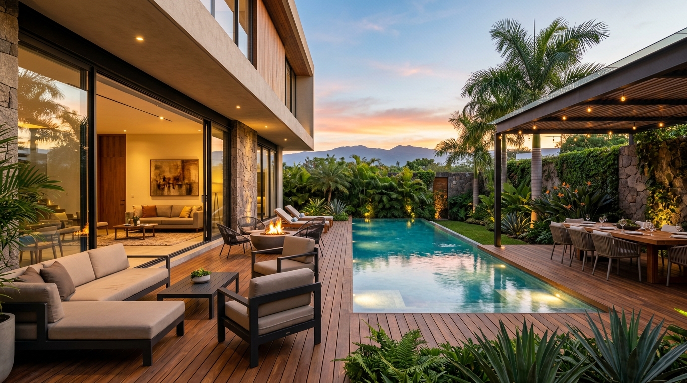 Terraza con alberca privada al atardecer